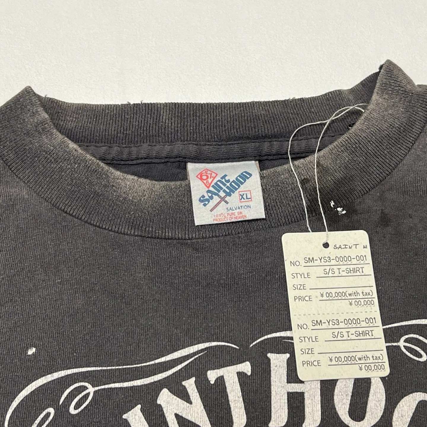 SAINT Mxxxxxx × NEIGHBORHOOD STHD . SS TEE FEARLESS/BLK NBHD Takizawa Shinsuke co-branded whiskey label/love skull angel distressed short sleeves washed black S-XL tube weave without side seam fabric ready-made Assute dyeing custom-woven NBHD co-branded main mark washed mark truly correct version top-level printing process restoration distressed treatment